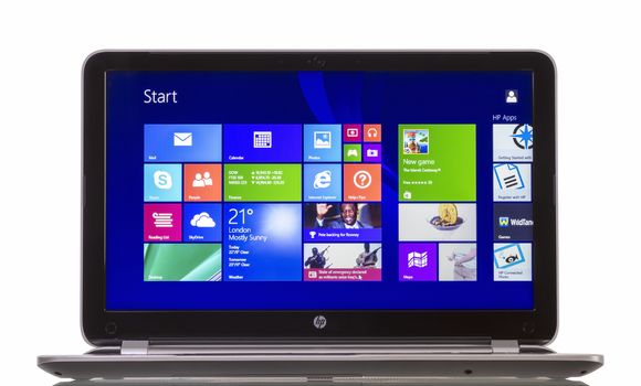 Galati, Romania - Junie 10, 2014: HP Pavilion 15-n230us Notebook PC (ENERGY STAR) with Windows 8.1, newest operating system from Microsoft.