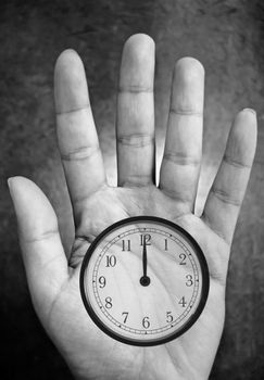 Clock face on the palm of a hand 
