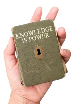 Old book 'knowledge is power' with keyhole