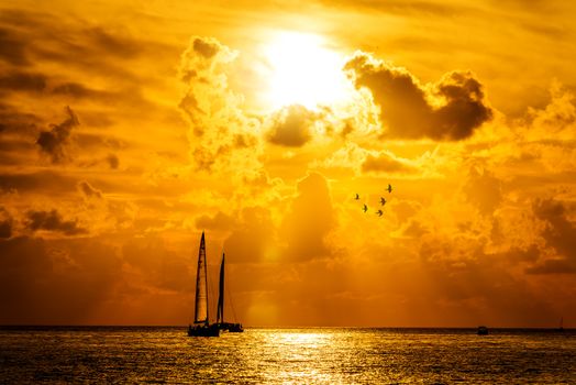 Sailboat and disherman in the sea at sunset, Key west bay, Floride, USA 