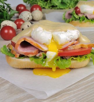 Sandwich with ham and poached egg with mustard sauce