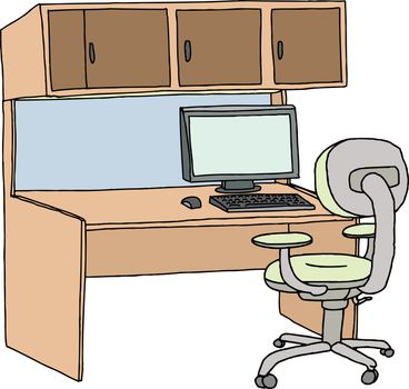 Empty cubicle with chair, computer and mouse on white