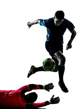 two caucasian soccer player goalkeeper men competition in silhouette isolated white background