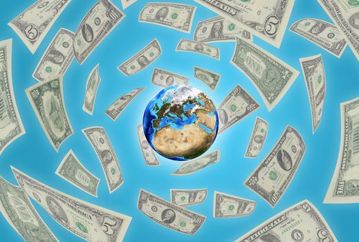 Planet earth on a blue background. Money falling around