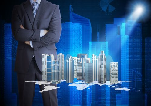 Man in suit and city of skyscrapers. Spotlight shines skyscrapers