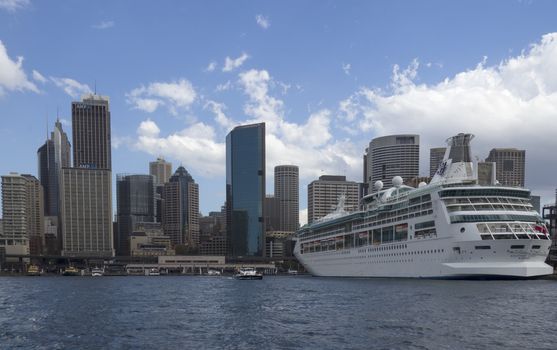 Sydney, Australia- 23th March 2013: The cruise ship Rhapsody of the Seas docked in Sydney Harbour. The ship is a Vision class cruise ship operated by Royal Caribbean International.