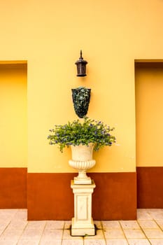 small corner of building that decorated with flower pot  and lantern