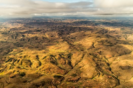 Aerial view of the of the mountainous terrain of the highland areas of Madagascar