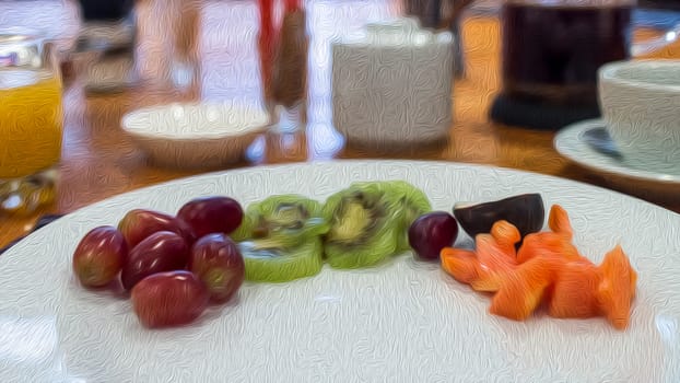 A healthy breakfast with grapes, kiwi, papaya, orange juice and a cup of coffee