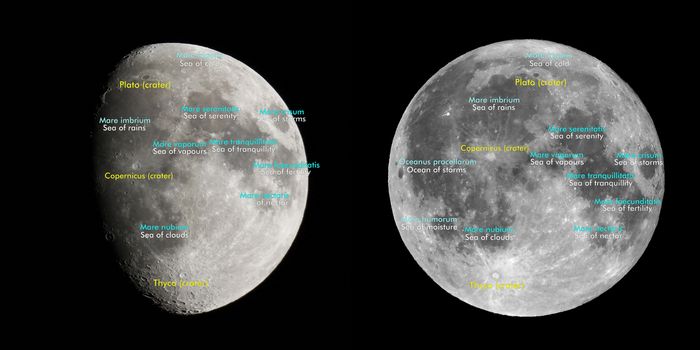 Moon atlas with seas and craters labels - Latin and English names