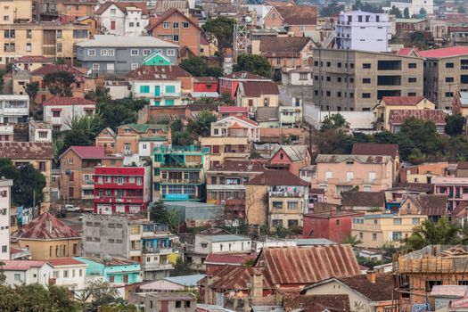 View of the densely packed houses on one of the many hills of Antananarivo, the capital city of Madagascar