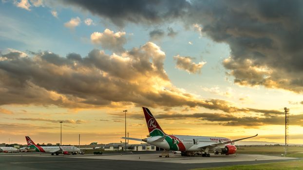 The Boeing 787 dreamliner, the latest edition for Kenya Airways, parked at Jomo Kenyatta airport in Nairobi, Kenya