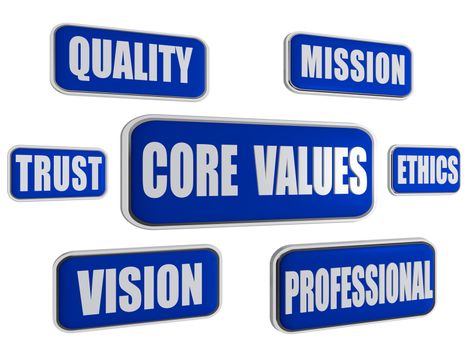 core values - quality, mission, ethics, professional, vision, trust - text in 3d blue banners with business concept words