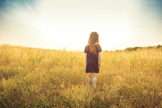 the little girl with long hair in a blue dress costs a back in a field and looks forward