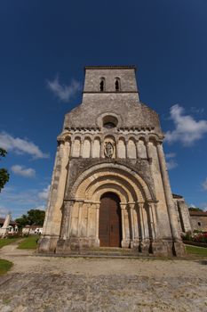 Facade of the romanesque Rioux church,Charente, France