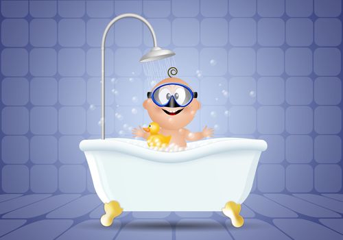 illustration of a Baby in bathroom with diving mask