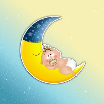 illustration of Baby asleep on the moon in the night