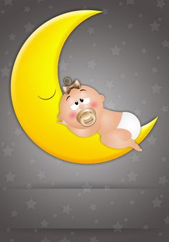 Baby asleep on the moon in the night