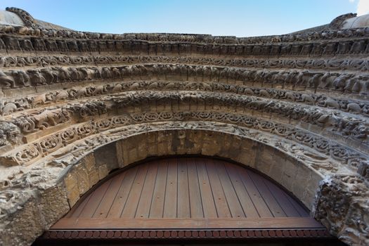 View of archivolts of romanesque church , Abbaye aux Dames,in Saintes ,France