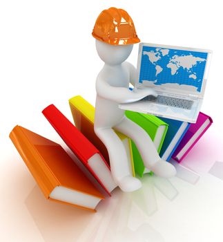 3d man in hard hat sitting on books and working at his laptop on a white background