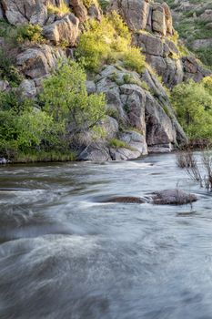 North Fork of Cache la Poudre River with springtime flow in Eagle Nest Open Space in northern Colorado at Livermore near Fort Collins, Colorado