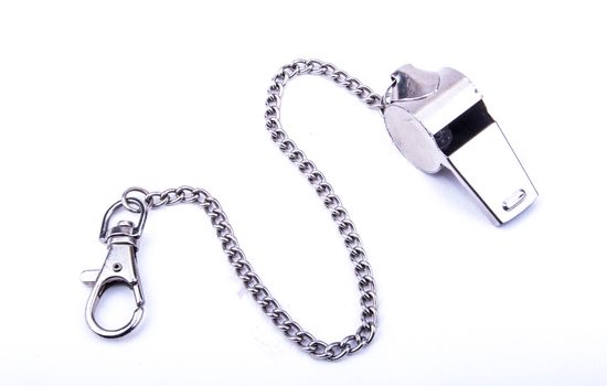 the beautiful world cup whistle with stainless steal ornamental chain
on the white background