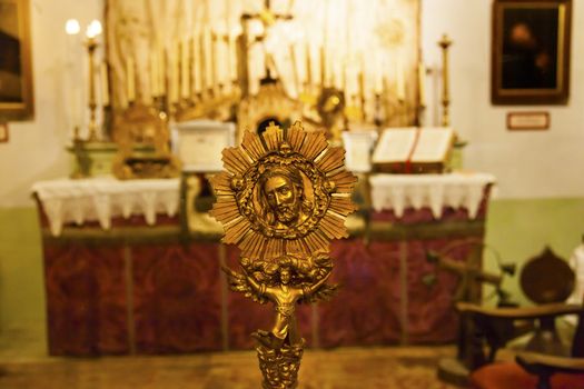 Mission San Luis Obispo de Tolosa, Bronze Christ Medal, Basilica, Altar, Cross San Luis Obispo California.  Founded 1772 by  Father Junipero Serra.  Named for Saint Louis of Anjou