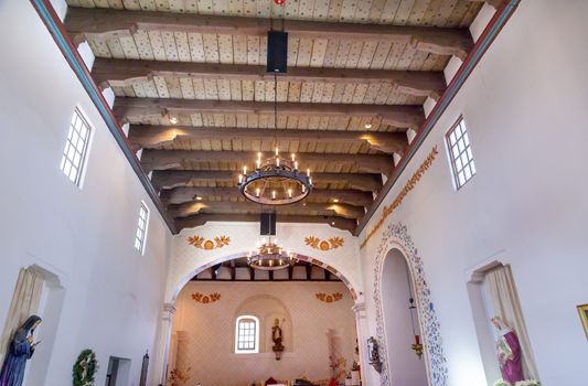 Mission San Luis Obispo de Tolosa, Adobe, Wooden Ceiling, San Luis Obispo California.  Founded 1772 by  Father Junipero Serra.  Named for Saint Louis of Anjou