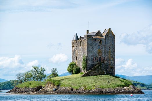 Medieval Stalker Castle on small island in loch linnhe argyll in the scottish highlands