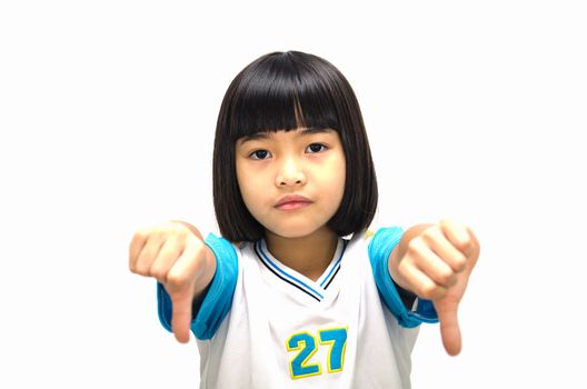 Angry little girl isolated on white background.