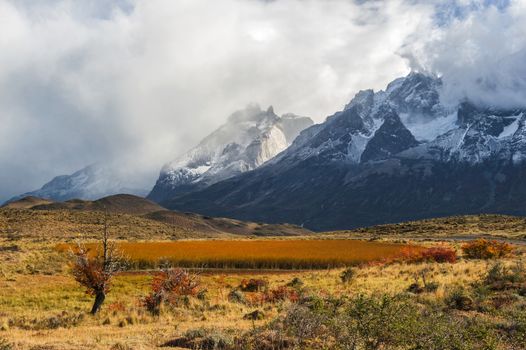 Autumn in Patagonia. The Torres del Paine National Park in the south of Chile is one of the most beautiful mountain ranges in the world.