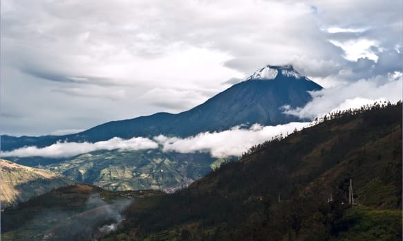 Eruption of a volcano Tungurahua and town Banos de Agua Santa in Ecuador