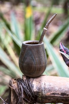 Close up of calabash cup with spill of yerba mate tea and straw. Yerba mate is a very typical drink in Argentina, Uruguay the South of Brazil and Paraguay.