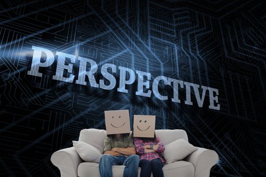 The word perspective and silly employees with arms folded wearing boxes on their heads against futuristic black and blue background