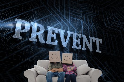 The word prevent and silly employees with arms folded wearing boxes on their heads against futuristic black and blue background