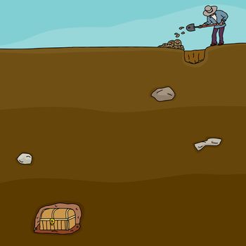 Cartoon of man digging for buried treasure chest