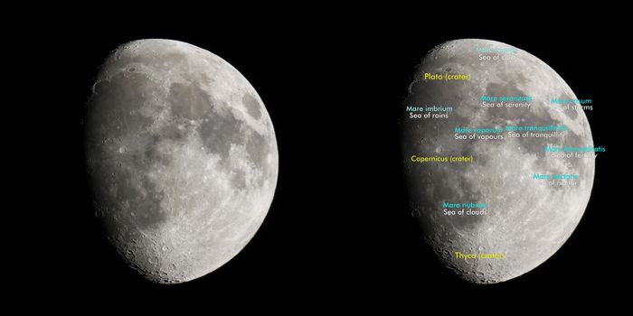 Moon atlas with seas and craters labels - Latin and English names