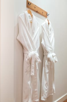 Two bathrobes hanging on hooks mounted on the wall