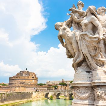 Tiber river and Sant Angelo Castle and Bridge in Rome, Italia.