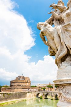 Tiber river and Sant Angelo Castle and Bridge in Rome, Italia.