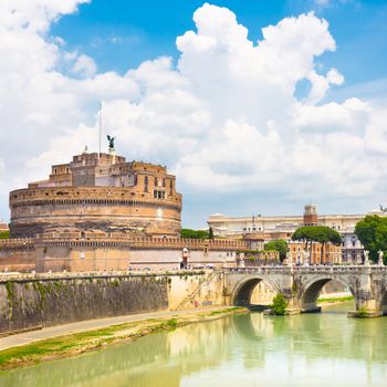 Tiber river and Sant Angelo Castle and Bridge in Rome, Italia.