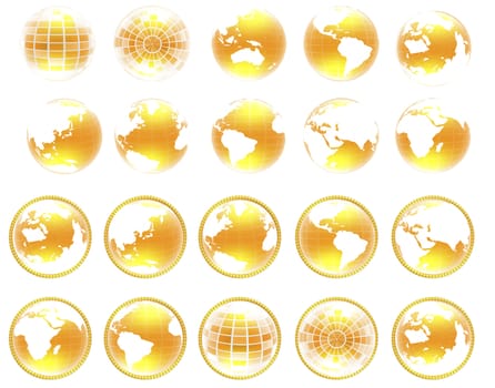 Set of yellow 3d globe icon with highlights on a white background