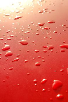 raindrops on a red metallic vehicle panel at sunrise