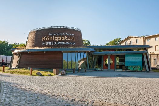 Sassnitz, Germany - June 22, 2012: Nation park center Koenigsstuhl, entrance building with one of famous sights of the island of Ruegen, the chalk rock Koenigsstuhl.