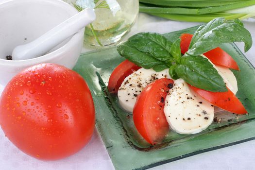 Salad with lettuce, tomato, cucumber, onion, olives clearing sauce.