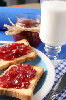 Homemade breakfast, toast with jam, a glass of milk and a jar of jam