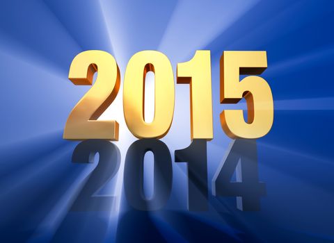 A brilliantly backlit, gold "2015" sits atop a dark gray "2014" on a deep blue background with light rays shining through both years.