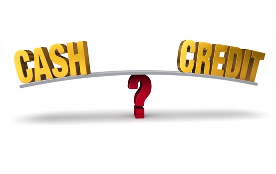 Bright, gold "CASH" and "CREDIT" sit on opposite ends of a gray board which is balanced on a red question mark. Isolated on white.