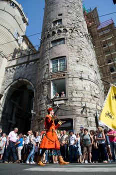 GENOA, ITALY - 8 JUNE 2014 - Unidentified people during the historical parade of the Maritime Republics Palio