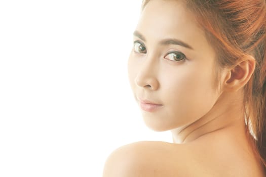Portrait of beautiful young asian woman with clean face isolated on white background